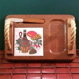 Vintage Wooden Charcuterie Cheese Board Serving Tray & Knife Set 10.5"x7"